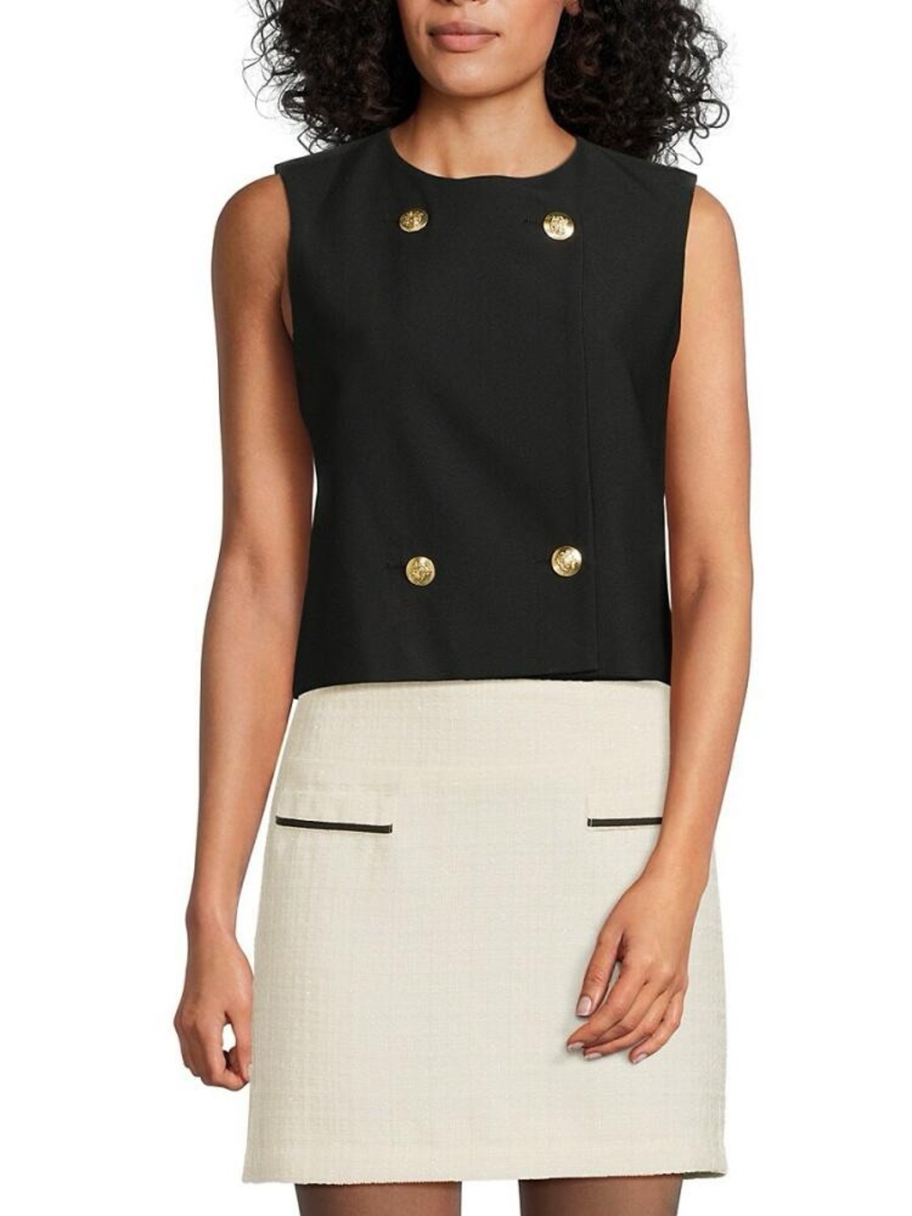 Lea & Viola Black Sleeveless Top with Gold Crest Button